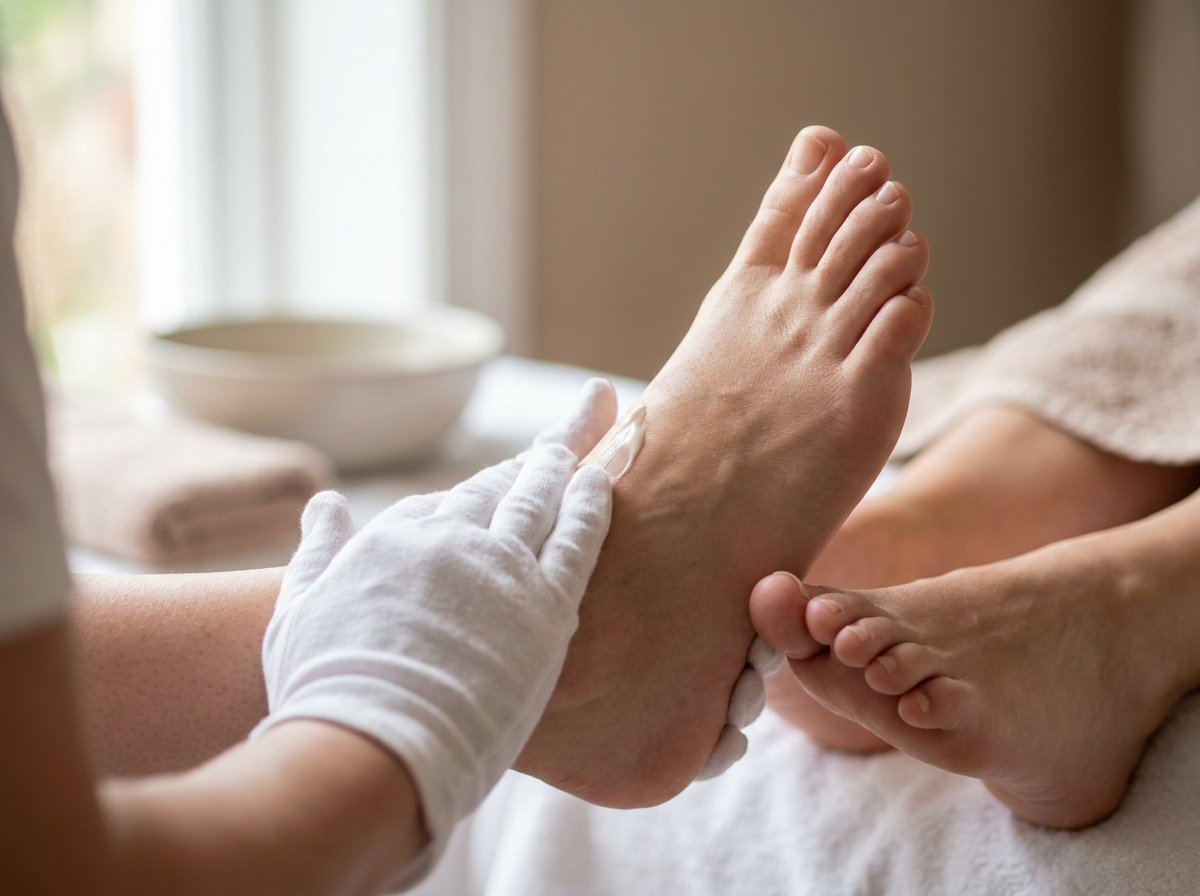 Zabieg pedicure — pielęgnacja gładkiej pięty i naturalnych paznokci u stóp, zbliżenie