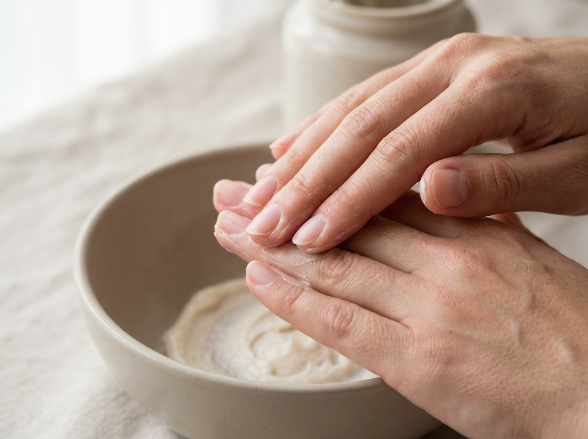 Wcieranie odżywczej pasty w naturalne paznokcie podczas manicure japońskiego — zbliżenie makro