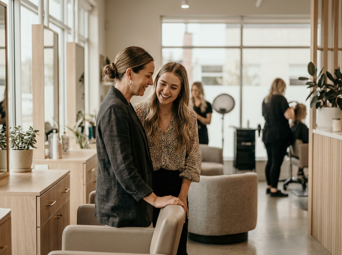 Manager salonu rozmawia wspierająco z pracownicą