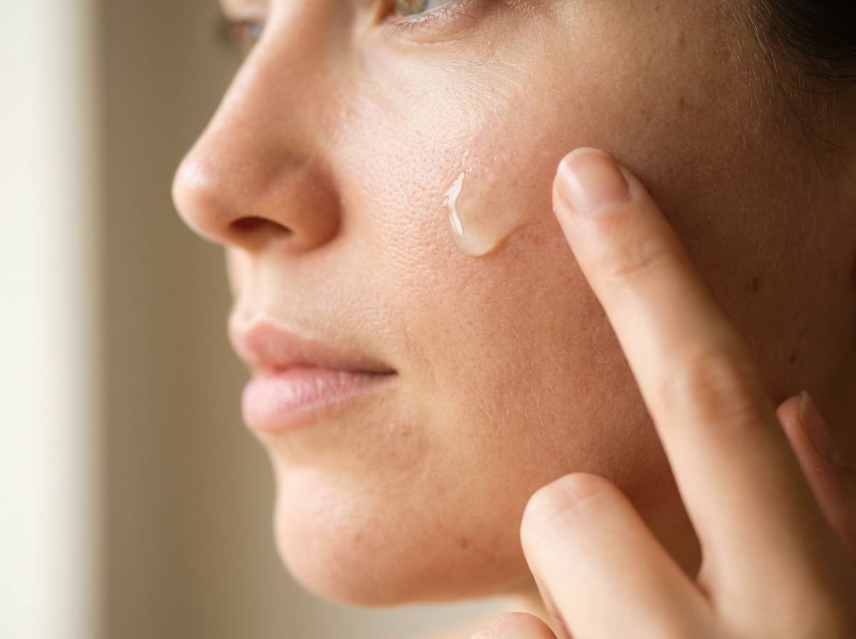 Wmasowywanie serum z retinolem w rozświetloną skórę twarzy — zbliżenie makro