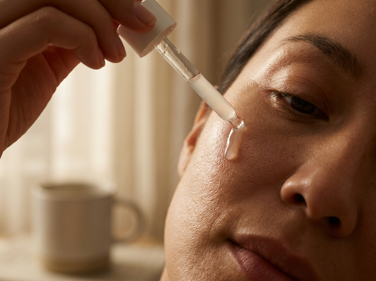 Nakładanie serum wieczorem w rutynie skin cycling — zbliżenie makro