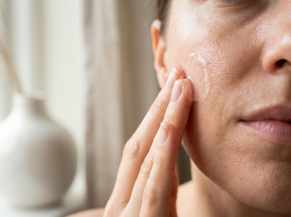 Wmasowywanie serum z kwasem hialuronowym w nawilżoną skórę — zbliżenie makro