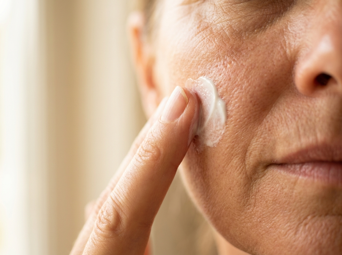 Nakładanie kremu anti-aging na dojrzałą rozświetloną skórę — zbliżenie makro