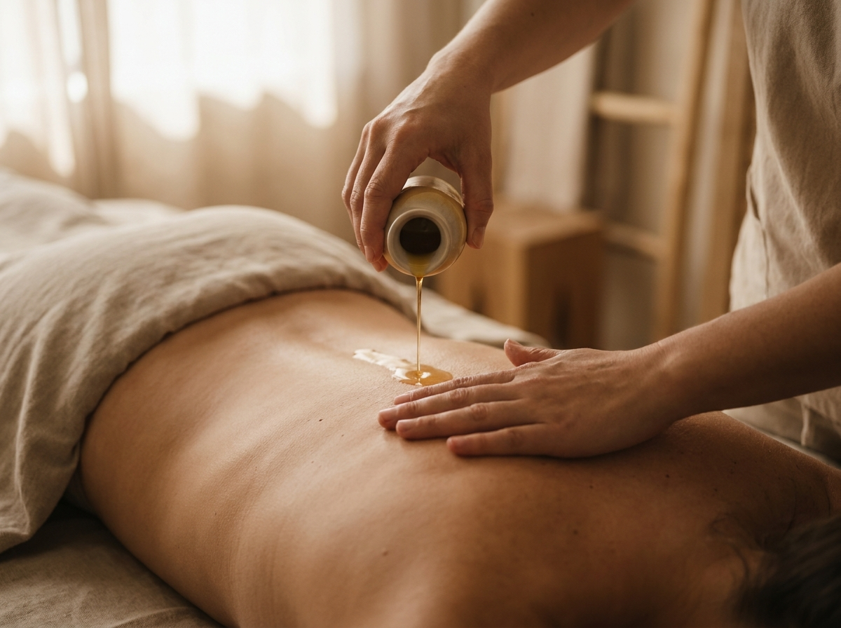 Masaż aromaterapeutyczny z ciepłym olejkiem — zbliżenie