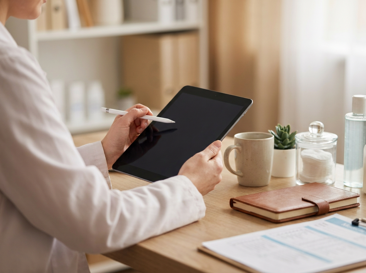 Kosmetolog wypełnia checklistę wywiadu na tablecie podczas konsultacji